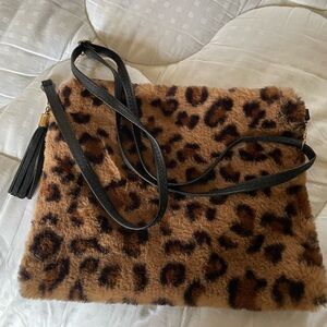 Leopard Print Plush Crossbody Bag with Black Strap